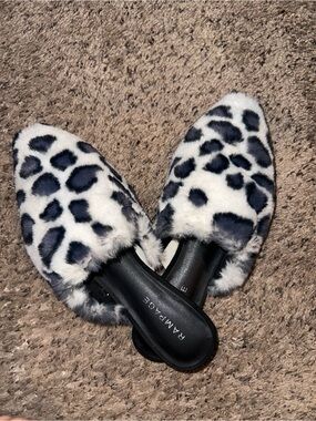 Rampage Faux Fur Leopard-Print Slip-On Mules in White & Black